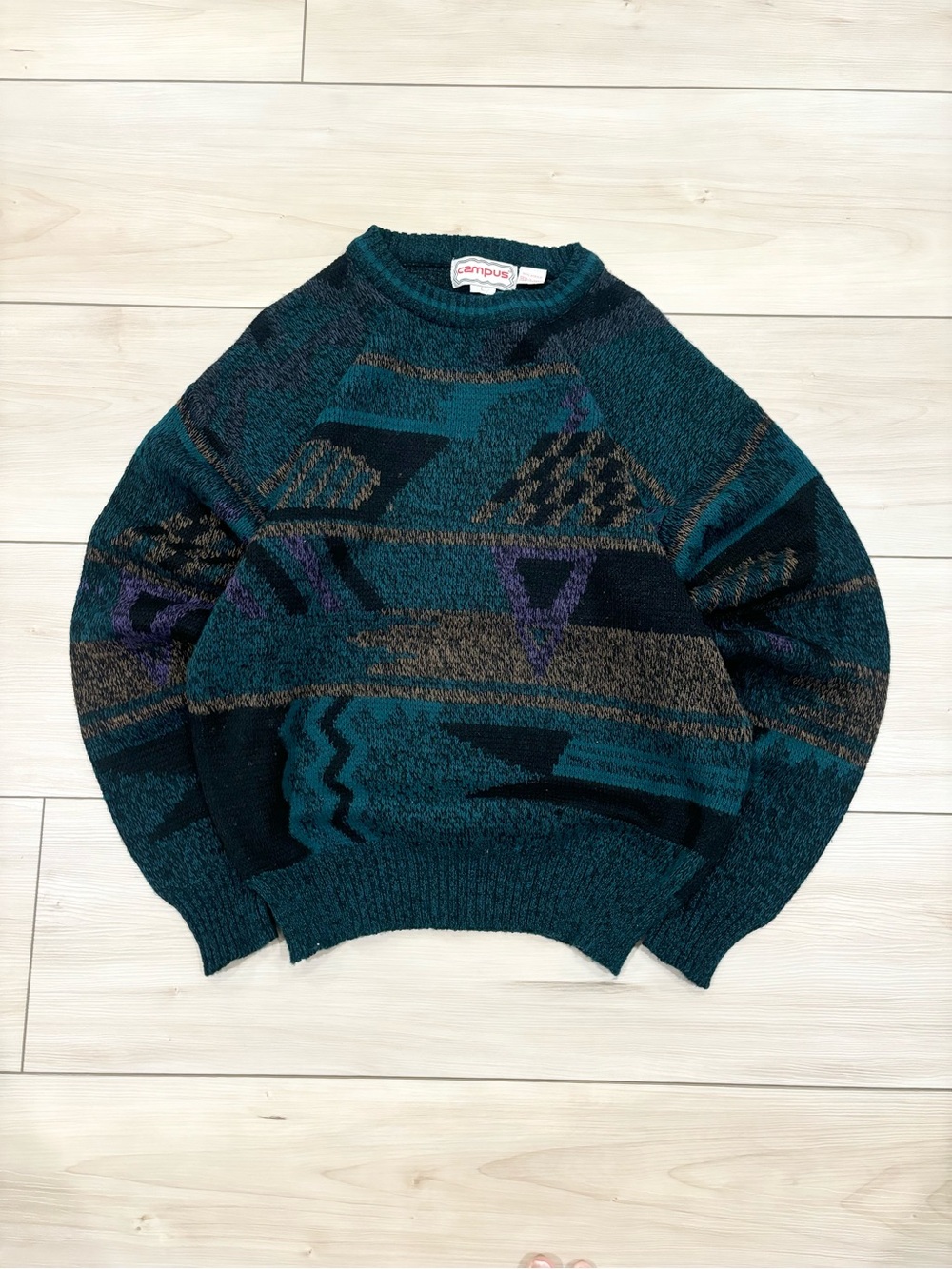 Vintage 90s Campus knitted Teal Mens Acyclic Geometric Crewneck Sweater USA made